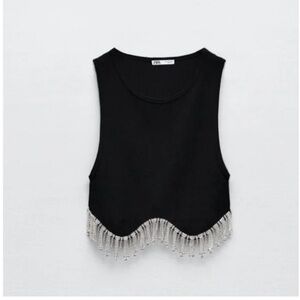 Zara Seamless Rhinestone Black Fringe Crop Top